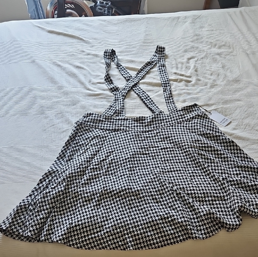 Unique Vintage Black and White Houndstooth Circle Skirt with Crossback Straps